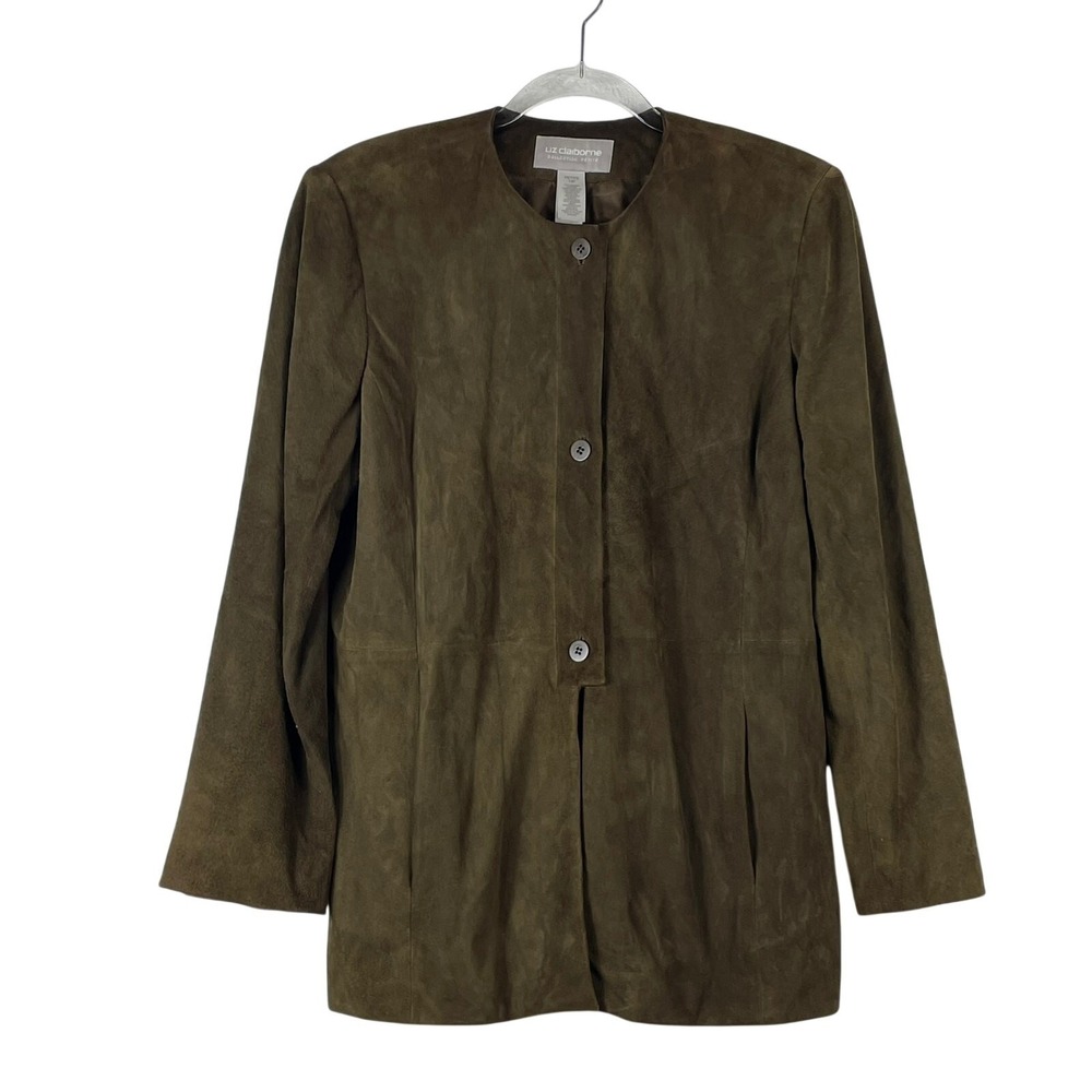 Vintage Liz Claiborne Petite Brown Suede Leather Three Button Jacket Blazer 14P
